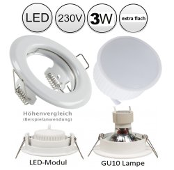 LED Einbaustrahler flach 55mm Bohr Lochma 230V Wei Rund Einbauleuchte 3W warmwei 90