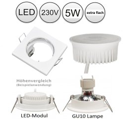 LED Einbaustrahler wei eckig flach 55mm Lochma 230V 5W Einbauleuchte