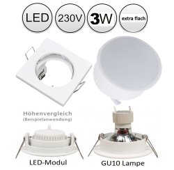 LED Einbaustrahler wei eckig flach 55mm Lochma 230V 3W Einbauleuchte warmwei